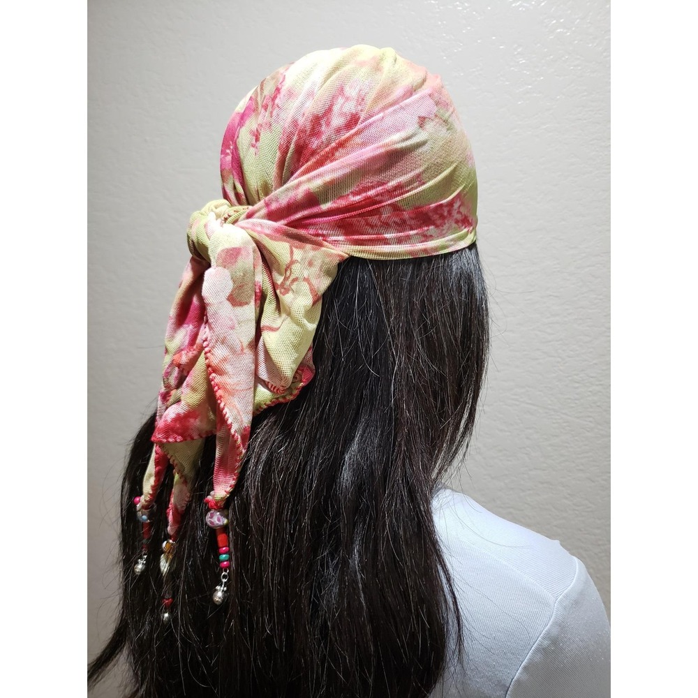 Handmade Bandana Headscarf Tassel Beaded Boho Scarf Coquette Fairy Pink Floral